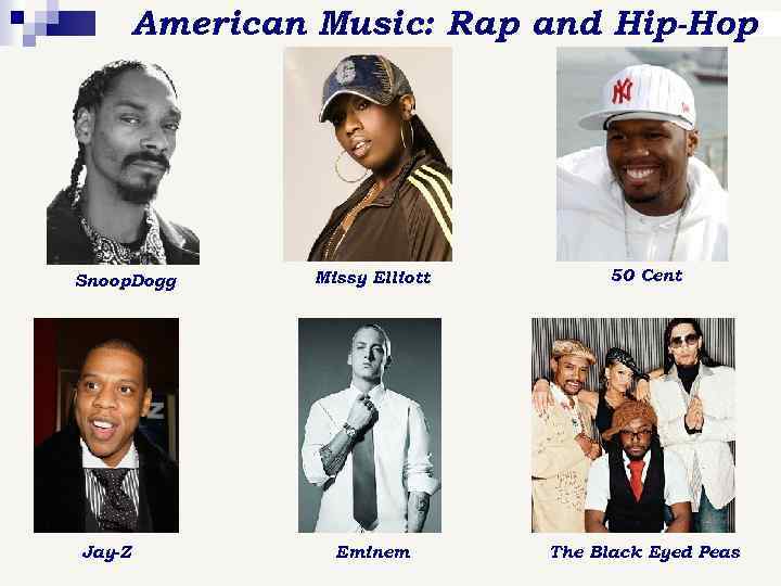 American Music: Rap and Hip-Hop Snoop. Dogg Jay-Z Missy Elliott 50 Cent Eminem The