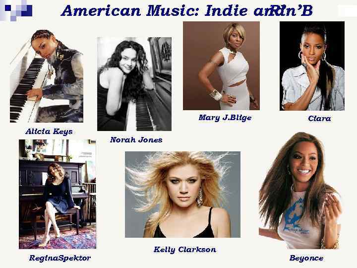 American Music: Indie and R’n’B Mary J. Blige Alicia Keys Regina. Spektor Ciara Norah