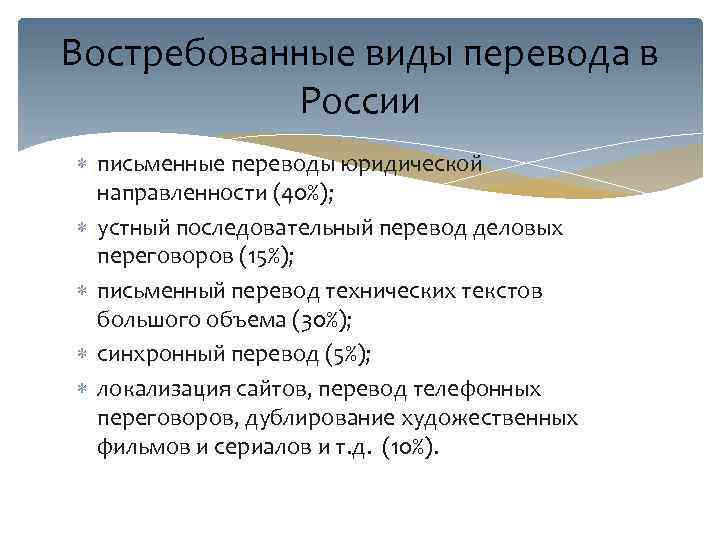 Востребованные виды перевода в России письменные переводы юридической направленности (40%); устный последовательный перевод деловых