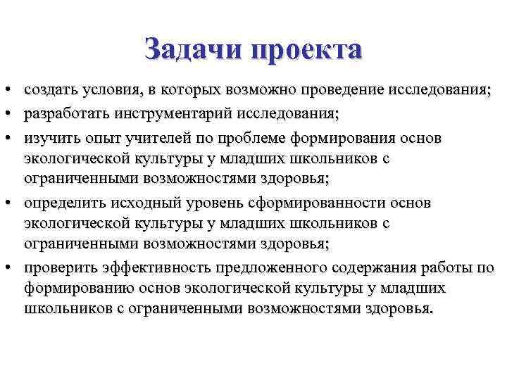 Задачи проекта • создать условия, в которых возможно проведение исследования; • разработать инструментарий исследования;
