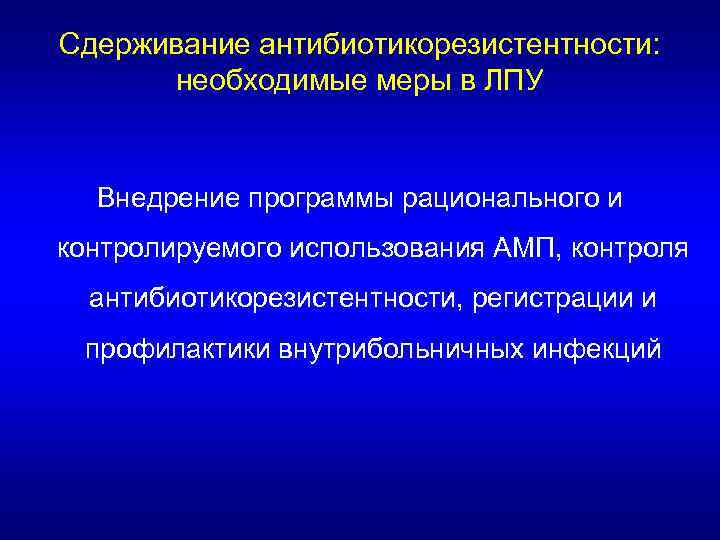 Сдерживание антибиотикорезистентности: необходимые меры в ЛПУ Внедрение программы рационального и контролируемого использования АМП, контроля