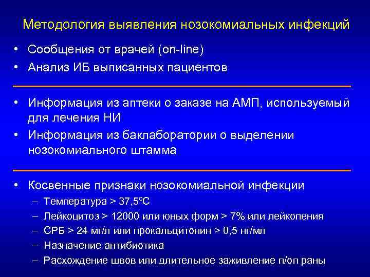 Методология выявления нозокомиальных инфекций • Сообщения от врачей (on-line) • Анализ ИБ выписанных пациентов