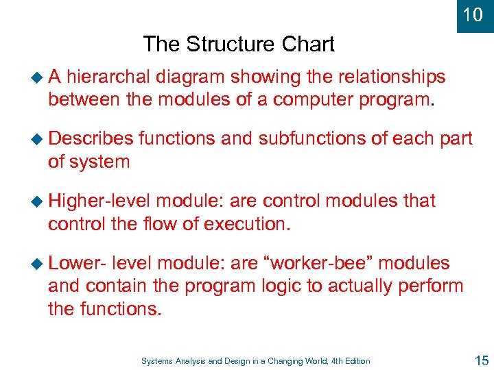 10 The Structure Chart u. A hierarchal diagram showing the relationships between the modules