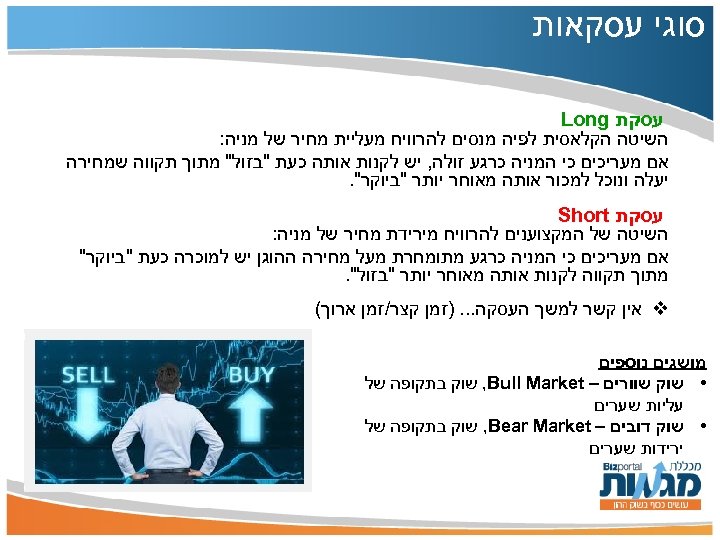  סוגי עסקאות עסקת Long השיטה הקלאסית לפיה מנסים להרוויח מעליית מחיר של מניה: