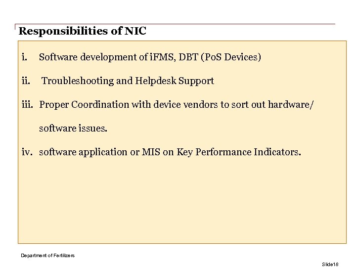 Responsibilities of NIC i. Software development of i. FMS, DBT (Po. S Devices) ii.