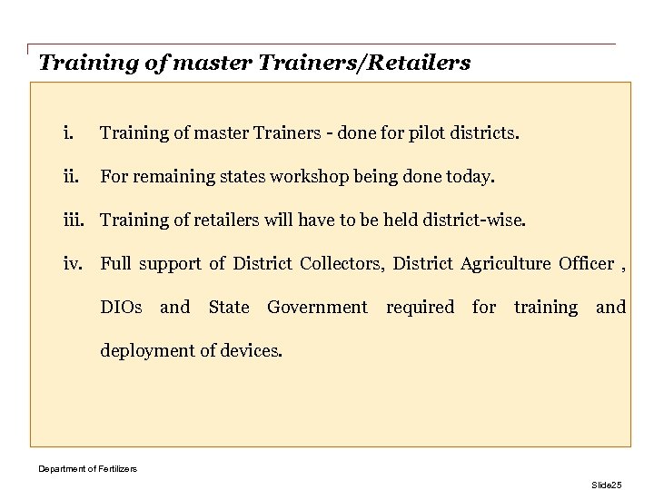 Training of master Trainers/Retailers i. Training of master Trainers - done for pilot districts.