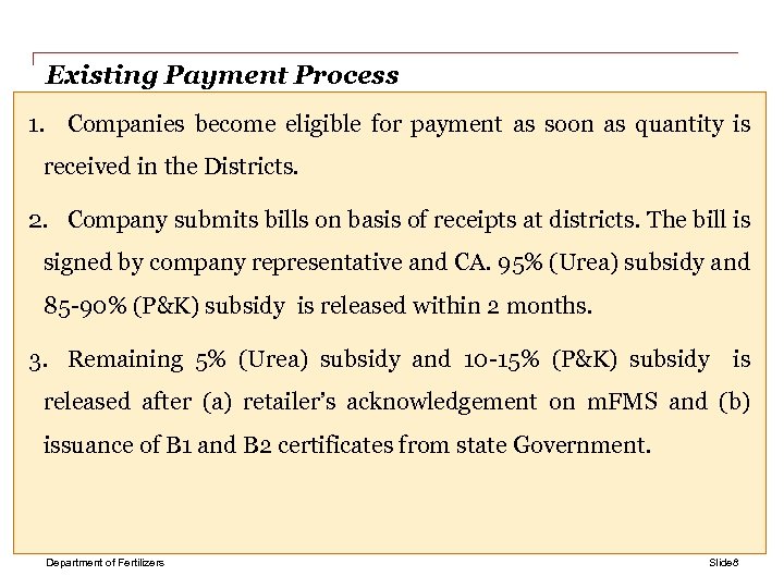 Existing Payment Process 1. Companies become eligible for payment as soon as quantity is