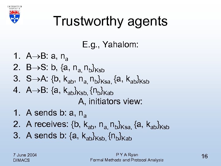 Trustworthy agents E. g. , Yahalom: 1. 2. 3. 4. A B: a, na