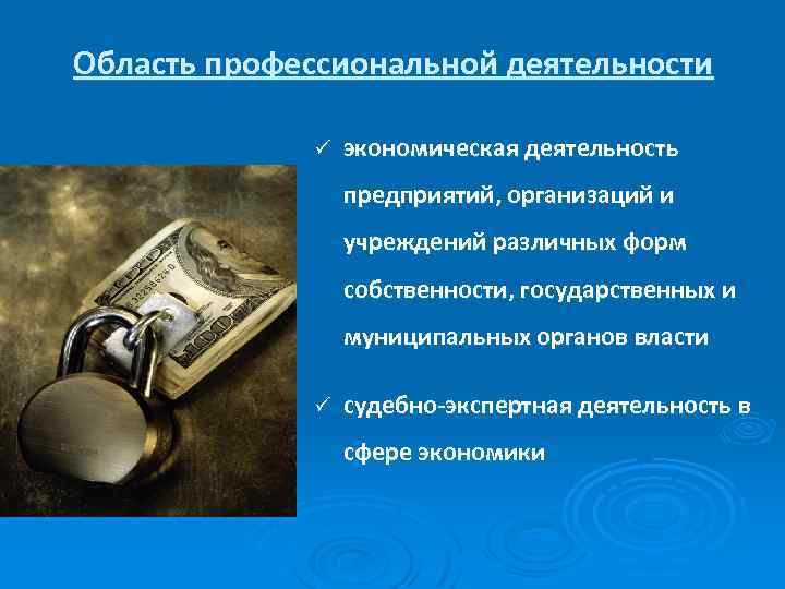 Область профессиональной деятельности ü экономическая деятельность предприятий, организаций и учреждений различных форм собственности, государственных