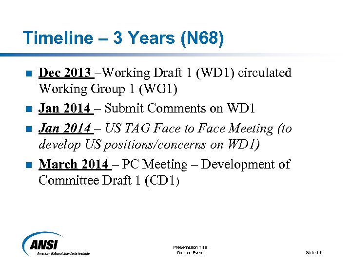 Timeline – 3 Years (N 68) n n Dec 2013 –Working Draft 1 (WD