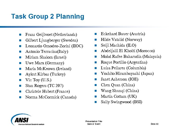 Task Group 2 Planning n n n Frans Geijlvoet (Netherlands) Gilbert Ljungberger (Sweden) Leonardo