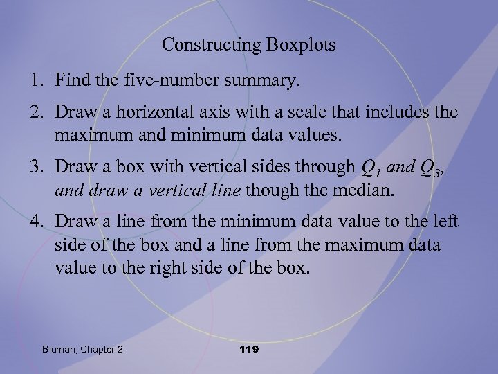 Constructing Boxplots 1. Find the five-number summary. 2. Draw a horizontal axis with a