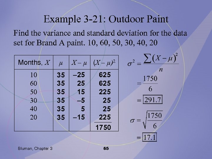 Example 3 -21: Outdoor Paint Find the variance and standard deviation for the data