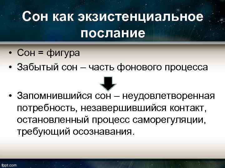 Сон как экзистенциальное послание • Сон = фигура • Забытый сон – часть фонового