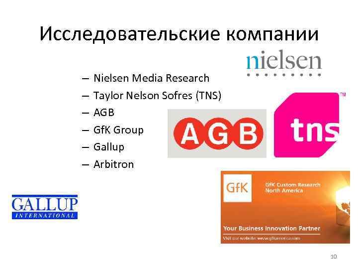 Исследовательские компании – – – Nielsen Media Research Taylor Nelson Sofres (TNS) AGB Gf.