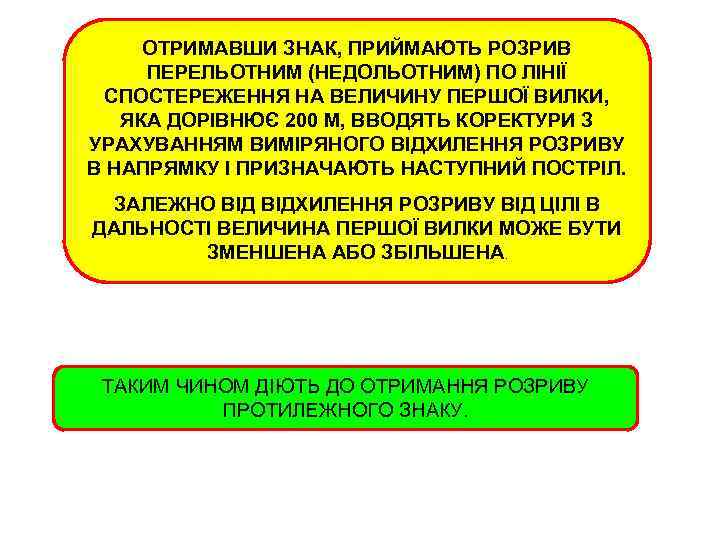 ОТРИМАВШИ ЗНАК, ПРИЙМАЮТЬ РОЗРИВ ПЕРЕЛЬОТНИМ (НЕДОЛЬОТНИМ) ПО ЛІНІЇ СПОСТЕРЕЖЕННЯ НА ВЕЛИЧИНУ ПЕРШОЇ ВИЛКИ, ЯКА
