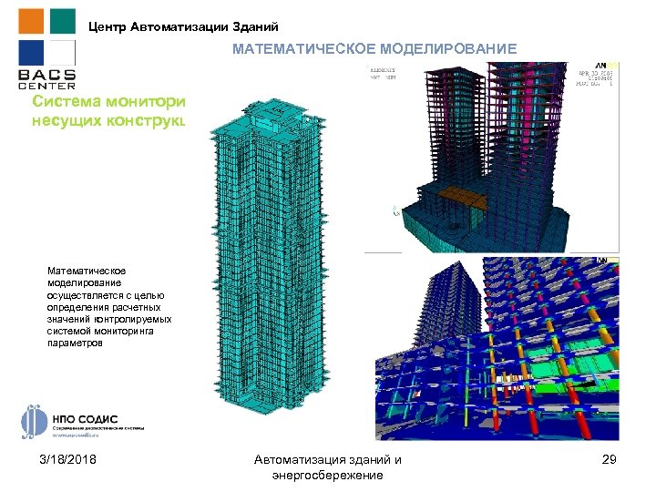 Центр Автоматизации Зданий МАТЕМАТИЧЕСКОЕ МОДЕЛИРОВАНИЕ Система мониторинга несущих конструкций Математическое моделирование осуществляется с целью