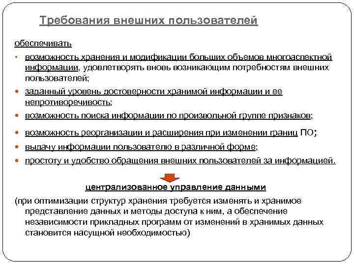 Требования внешних пользователей обеспечивать • возможность хранения и модификации больших объемов многоаспектной информации, удовлетворять
