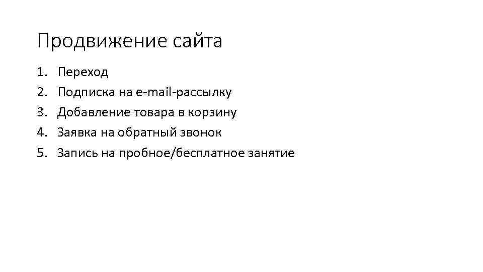 Продвижение сайта 1. 2. 3. 4. 5. Переход Подписка на e-mail-рассылку Добавление товара в