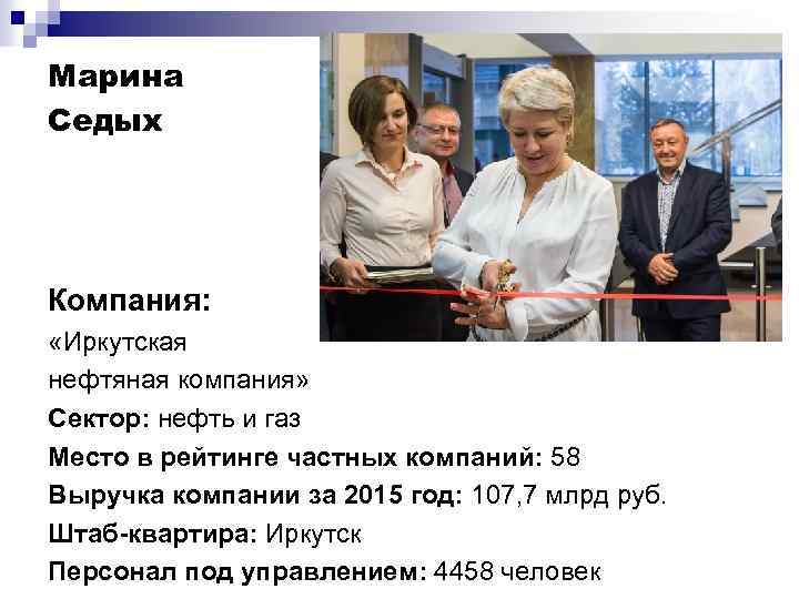 Марина Седых Компания: «Иркутская нефтяная компания» Сектор: нефть и газ Место в рейтинге частных
