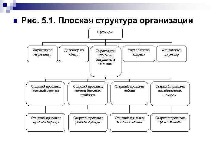 n Рис. 5. 1. Плоская структура организации Президент Директор по маркетингу Директор по сбыту