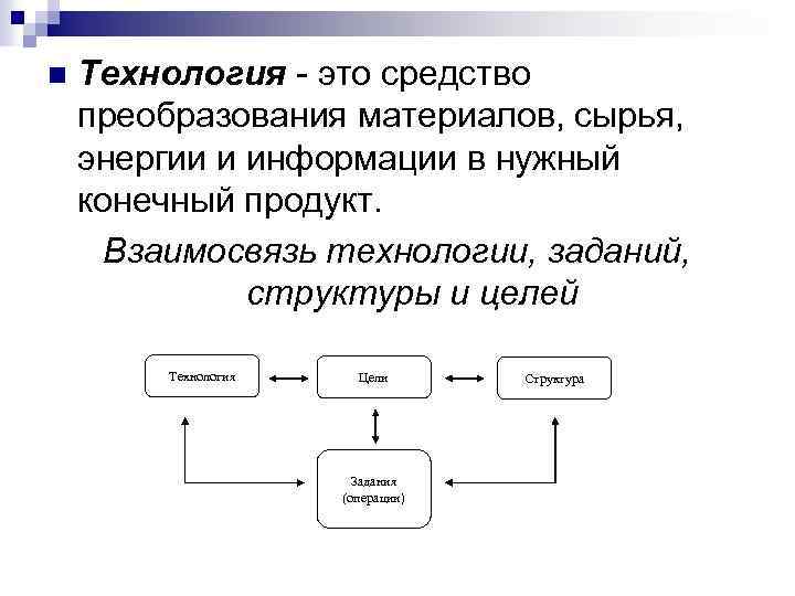 n Технология - это средство преобразования материалов, сырья, энергии и информации в нужный конечный