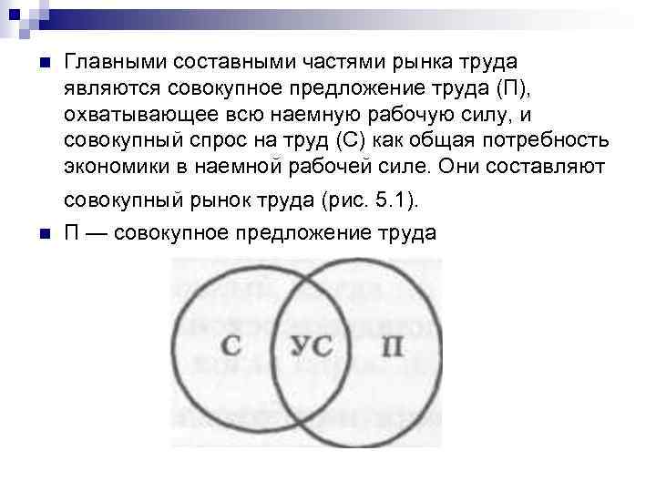 n Главными составными частями рынка труда являются совокупное предложение труда (П), охватывающее всю наемную