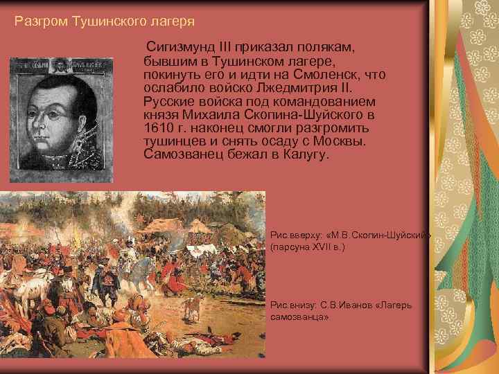 Разгром Тушинского лагеря Сигизмунд III приказал полякам, бывшим в Тушинском лагере, покинуть его и