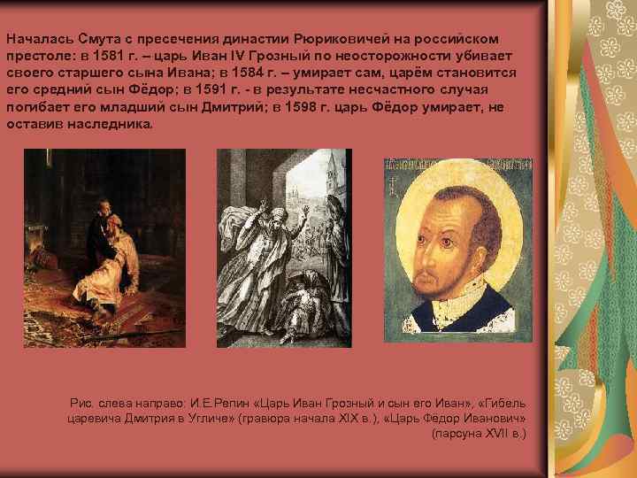 Началась Смута с пресечения династии Рюриковичей на российском престоле: в 1581 г. – царь