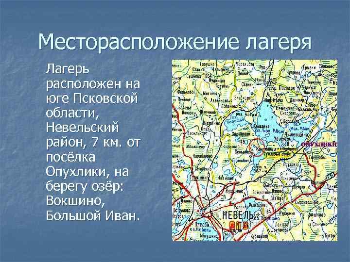 Месторасположение лагеря Лагерь расположен на юге Псковской области, Невельский район, 7 км. от посёлка