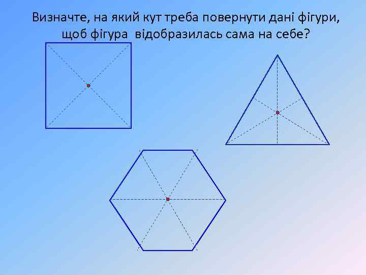 Визначте, на який кут треба повернути дані фігури, щоб фігура відобразилась сама на себе?