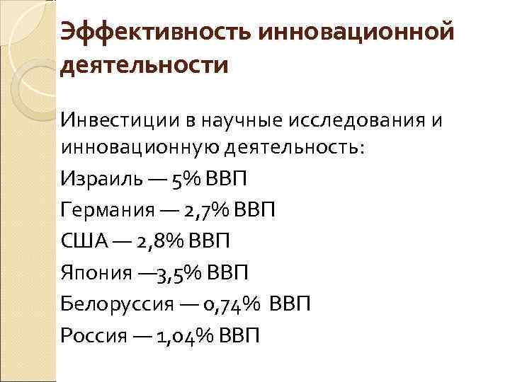 Эффективность инновационной деятельности Инвестиции в научные исследования и инновационную деятельность: Израиль — 5% ВВП