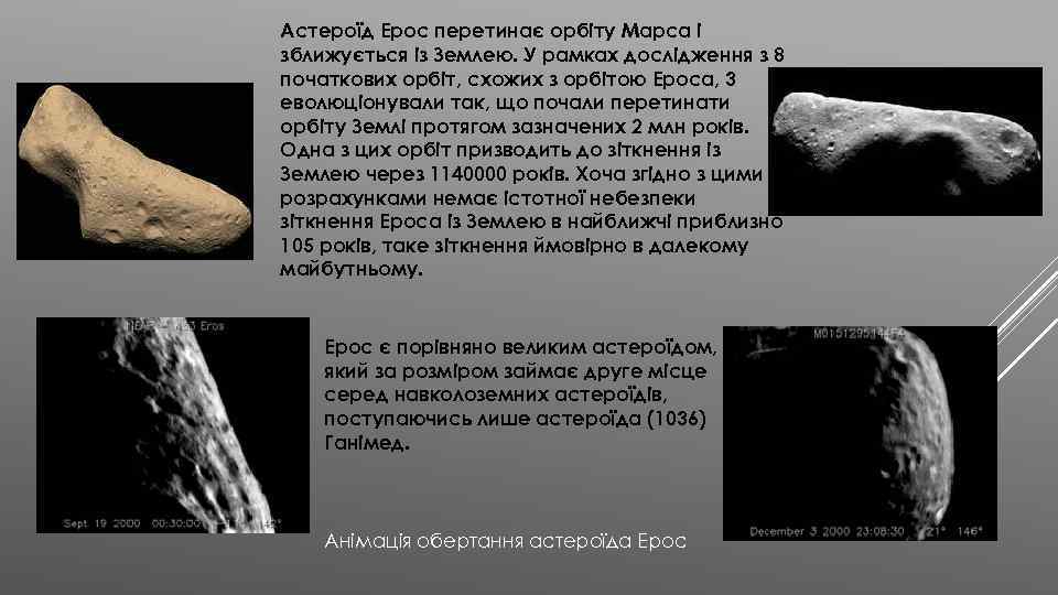 Астероїд Ерос перетинає орбіту Марса і зближується із Землею. У рамках дослідження з 8