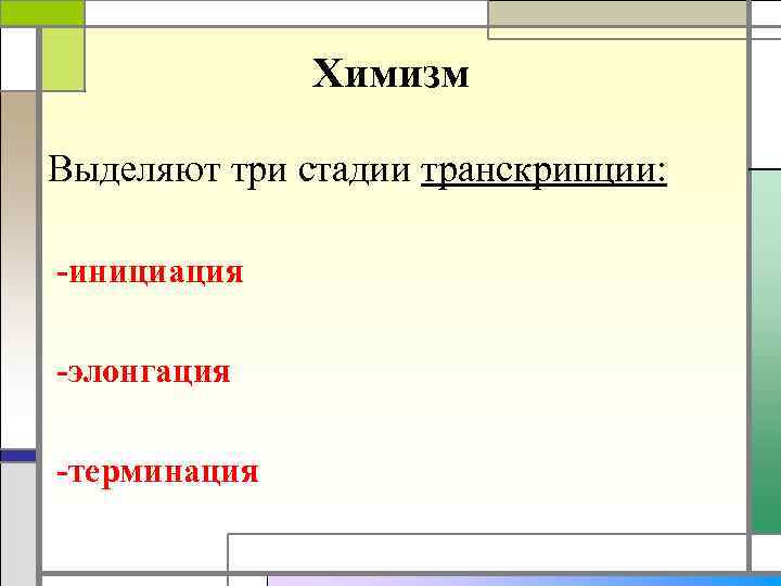 Химизм Выделяют три стадии транскрипции: -инициация -элонгация -терминация 