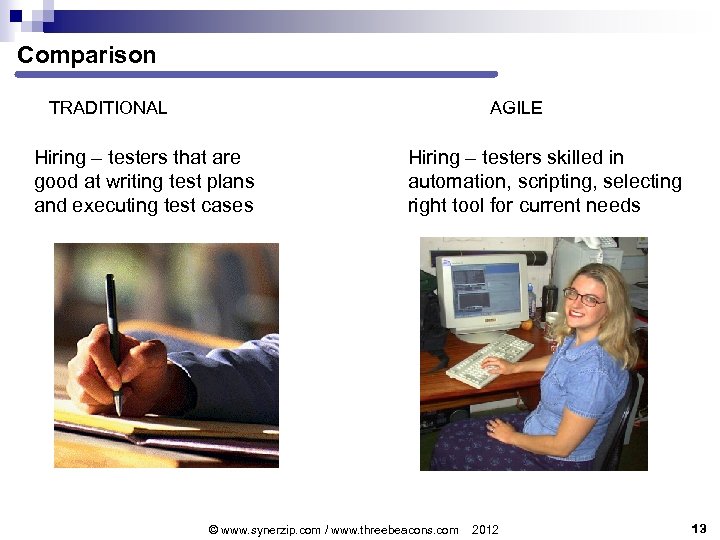 Comparison TRADITIONAL AGILE Hiring – testers that are good at writing test plans and