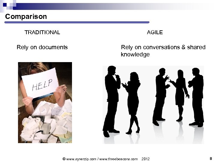 Comparison TRADITIONAL AGILE Rely on documents Rely on conversations & shared knowledge © www.