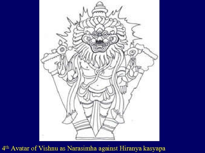 4 th Avatar of Vishnu as Narasimha against Hiranya kasyapa 
