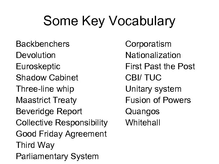 Some Key Vocabulary Backbenchers Devolution Euroskeptic Shadow Cabinet Three-line whip Maastrict Treaty Beveridge Report