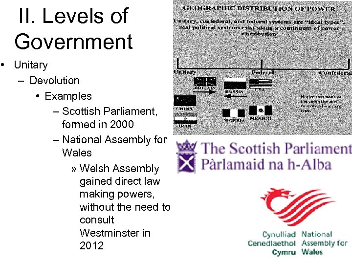 II. Levels of Government • Unitary – Devolution • Examples – Scottish Parliament, formed