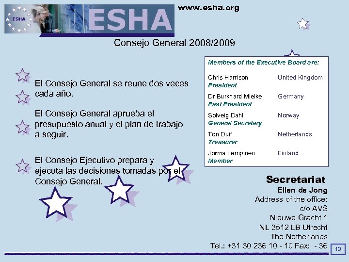 www. esha. org Consejo General 2008/2009 Members of the Executive Board are: El Consejo