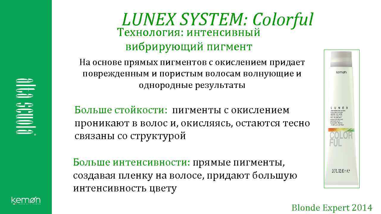 LUNEX SYSTEM: Colorful Технология: интенсивный вибрирующий пигмент На основе прямых пигментов с окислением придает