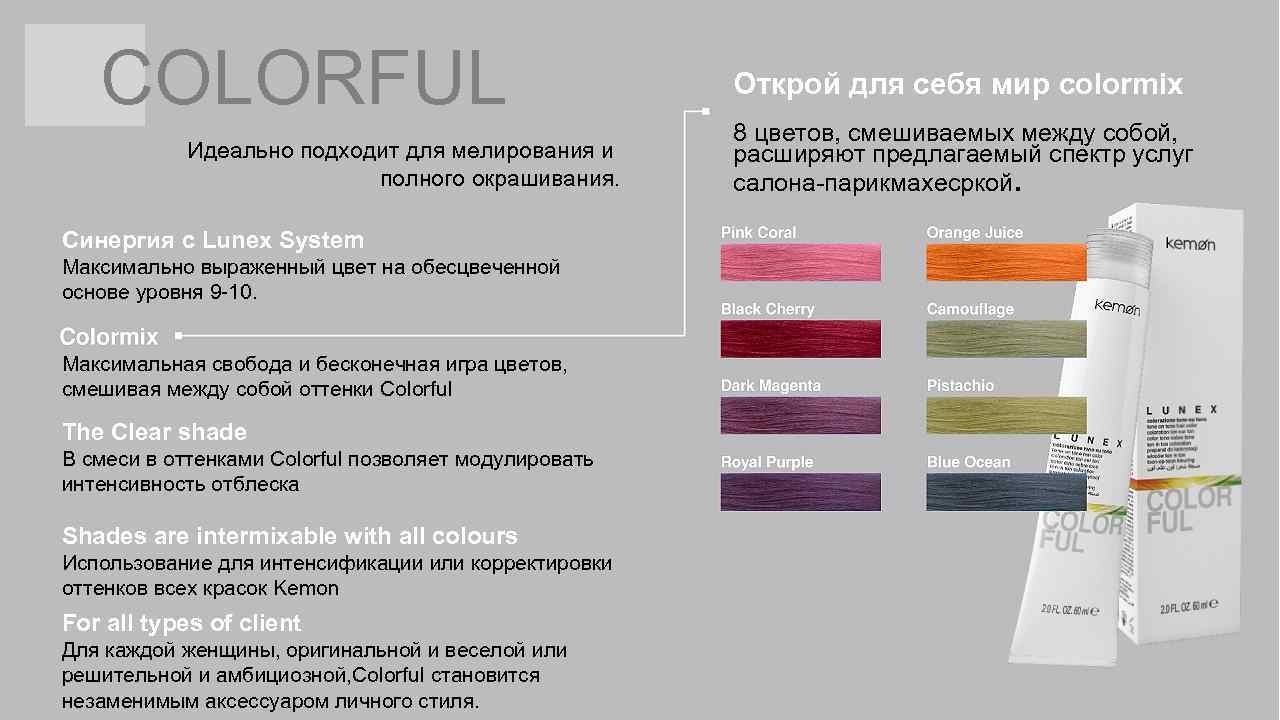 COLORFUL Идеально подходит для мелирования и полного окрашивания. Синергия с Lunex System Максимально выраженный