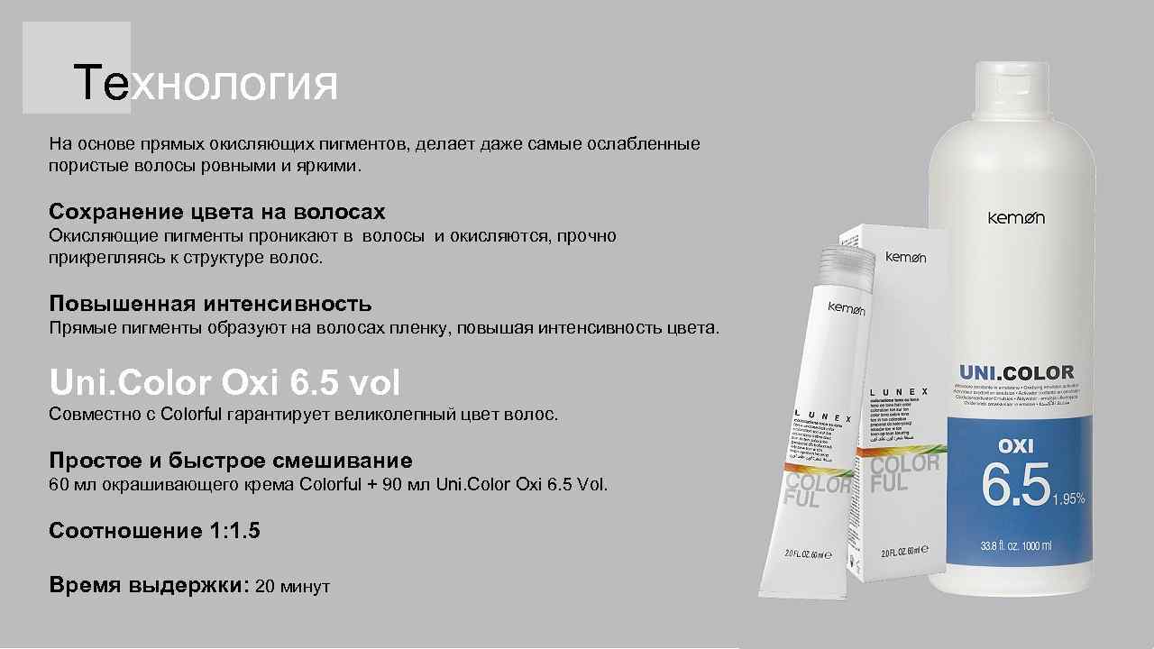 Технология На основе прямых окисляющих пигментов, делает даже самые ослабленные пористые волосы ровными и