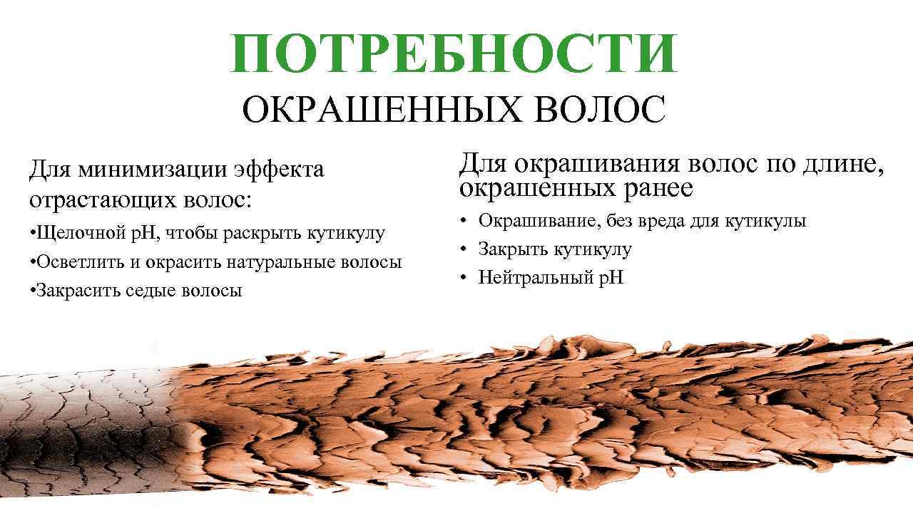 ПОТРЕБНОСТИ ОКРАШЕННЫХ ВОЛОС Для минимизации эффекта отрастающих волос: • Щелочной р. Н, чтобы раскрыть