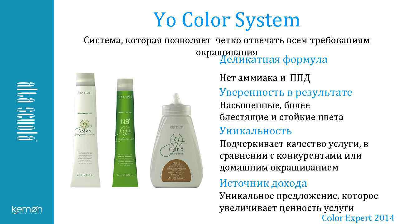 Yo Color System Система, которая позволяет четко отвечать всем требованиям окрашивания Деликатная формула Нет