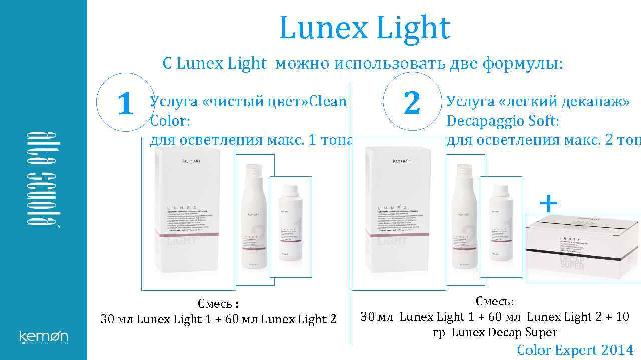 Lunex Light С Lunex Light можно использовать две формулы: 1 Услуга «чистый цвет» Clean