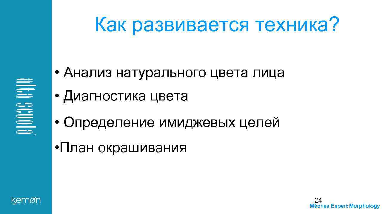Как развивается техника? • Анализ натурального цвета лица • Диагностика цвета • Определение имиджевых