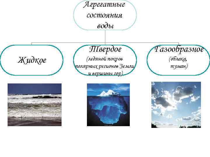 Агрегатные состояния воды Твердое Жидкое Газообразное (ледяной покров полярных регионов Земли и вершины гор)