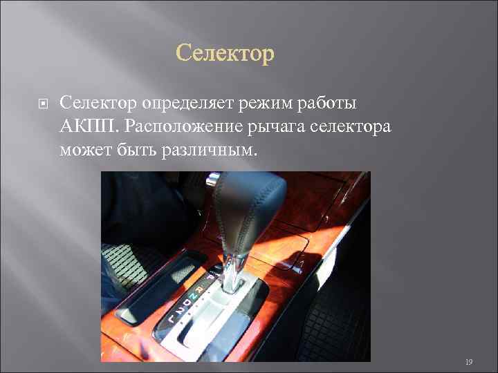  Селектор определяет режим работы АКПП. Расположение рычага селектора может быть различным. 19 