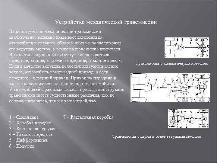 Устройство механической трансмиссии На конструкцию механической трансмиссии значительное влияние оказывает компоновка автомобиля и главным